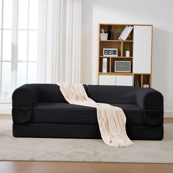 LVHOM Modulares Sofa 2 Sitzer, Schlafsofa mit Seitentaschen, Klappsofa mit Schlaffunktion, kein Aufbau erforderlich, Cord, Schwarz – Bild 4
