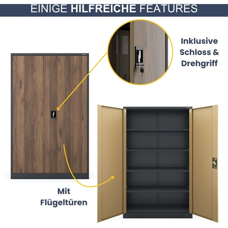Aktenschrank abschließbar KADO - 5 Ebenen verstellbar, Flügeltüren | Metallschrank Werkstatt Mehrzweckschrank Büroschrank aus Stahl Werkzeugschrank, 185 x 115 x 40 cm Anthrazit-Nussbaum – Bild 5