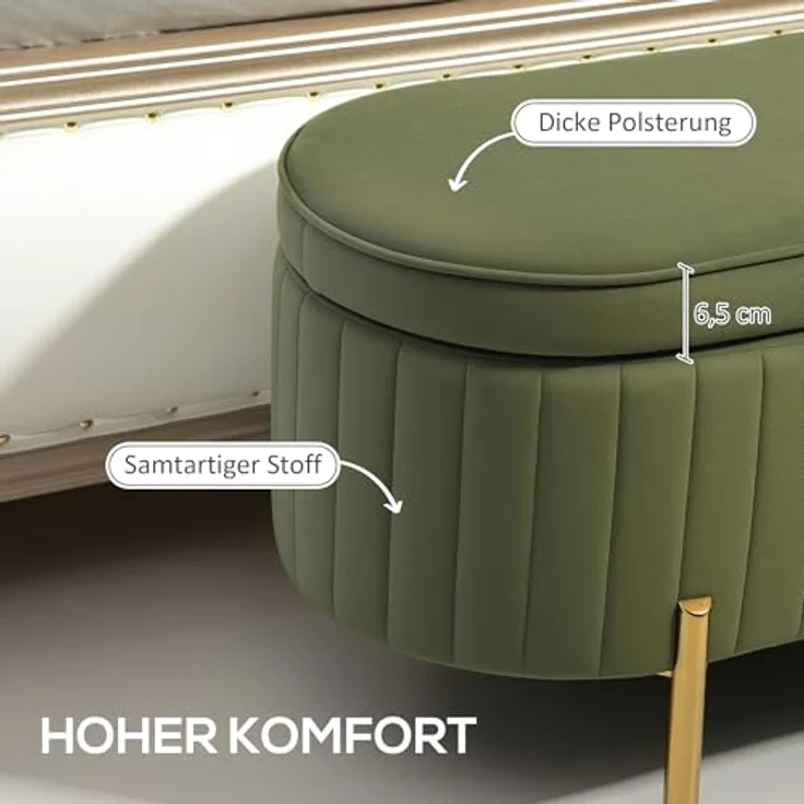HOMCOM Sitzbank mit Stauraum Polsterbank mit Klappdeckel, Samtoptik (Sitztruhe, 1-St, Truhenbank), für Flur, Wohnzimmer, Schlafzimmer 108 x 44 x 43,5 cm, Grün – Bild 5