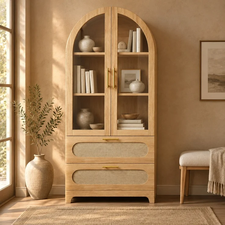 Vitrine 80 x 40 x 175 cm in Holzoptik mit Glastüren, Rattanfronten und 2 Schubladen – Bild 2