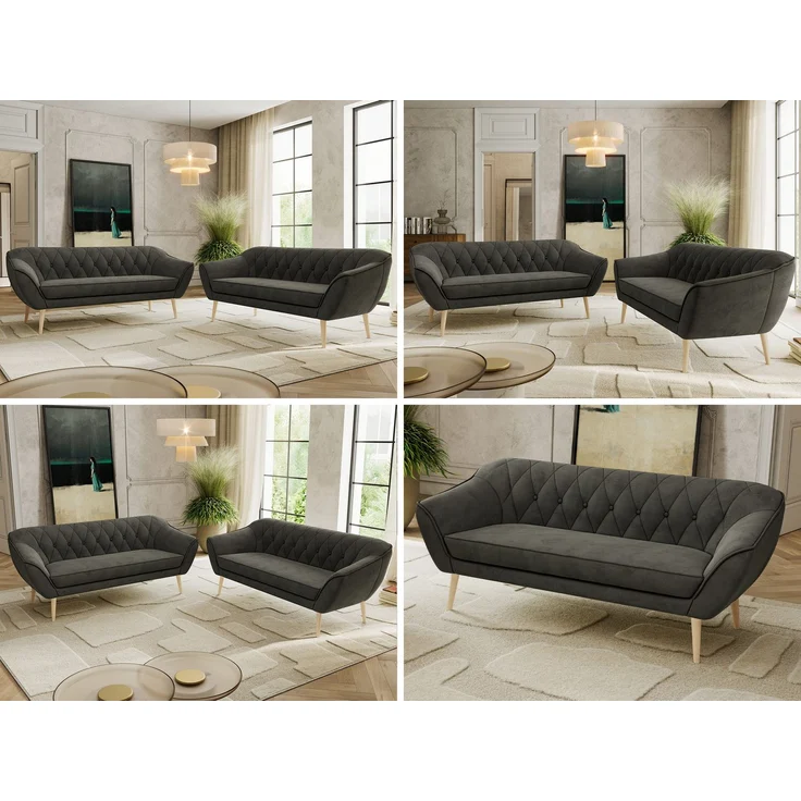 Wohnzimmerset Möbelset PIRS 3-3, Armlehnen, Wellenfederung, Buche Füße, Dreisitzer Sofa, Polstermöbel Set - Hellgrau Velvet – Bild 2
