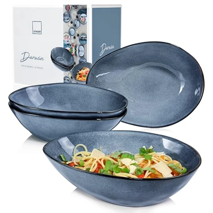 SÄNGER | Pastateller Darwin 4 tlg, Spaghetti Teller 4 Personen, Steingut Geschirr Set für Pasta, Nudelteller Spülmaschinengeeignet, Teller Steingut für Nudelgerichte Blau 1 L | PREMIUM COLLECTION – Bild 2