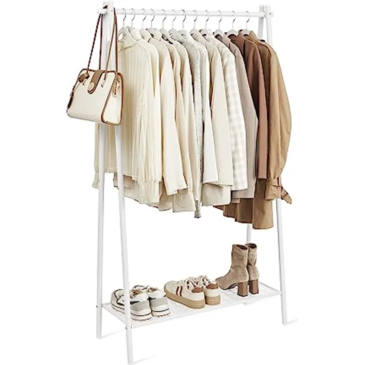 SONGMICS Kleiderständer, Garderobe, Garderobenständer, Kleiderablage, Stahlrahmen, mit Stange und Regal, 33,5 x 92,5 x 153 cm, für Schlafzimmer, Garderobe, Waschküche, Weiß HSR023W01 – Bild 9