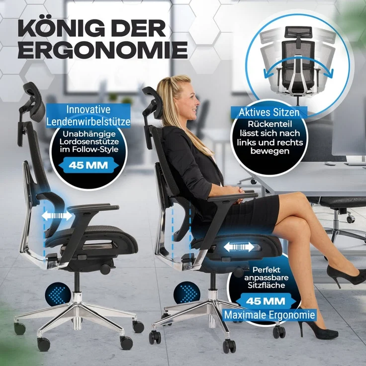 VALKENSTOL M7 MESH-SITZ Bürostuhl ergonomisch mit Schaumstoff Sitz - 5 Jahre Garantie - adaptive Lordosenstütze - tiefenverstellbare und neigbare Sitzfläche – Bild 4