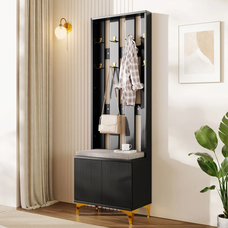 Garderobenset 60,5x35,2x180,5 cm, mit Schuhbank, Kissen, Wellenfront und Push-to-open in Schwarz/Gold – Bild 2