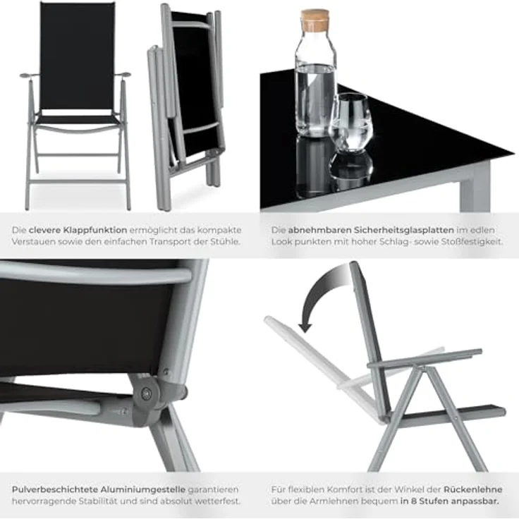 tectake® Aluminium Sitzgruppe 8+1, Gartenmöbel Set mit Stuhl und Tisch, klappbare Gartenstühle, Gartentisch mit Sicherheitsglas, wetterfeste Terrassenmöbel, für Garten Terrasse Balkon - Silber – Bild 6