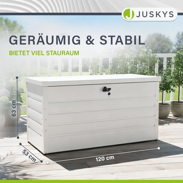Juskys Metall Aufbewahrungsbox Limani 380 Liter - Outdoor Box - wasserdicht, abschließbar - Gartenbox, Auflagenbox, Kissenbox für Garten Weiß – Bild 8