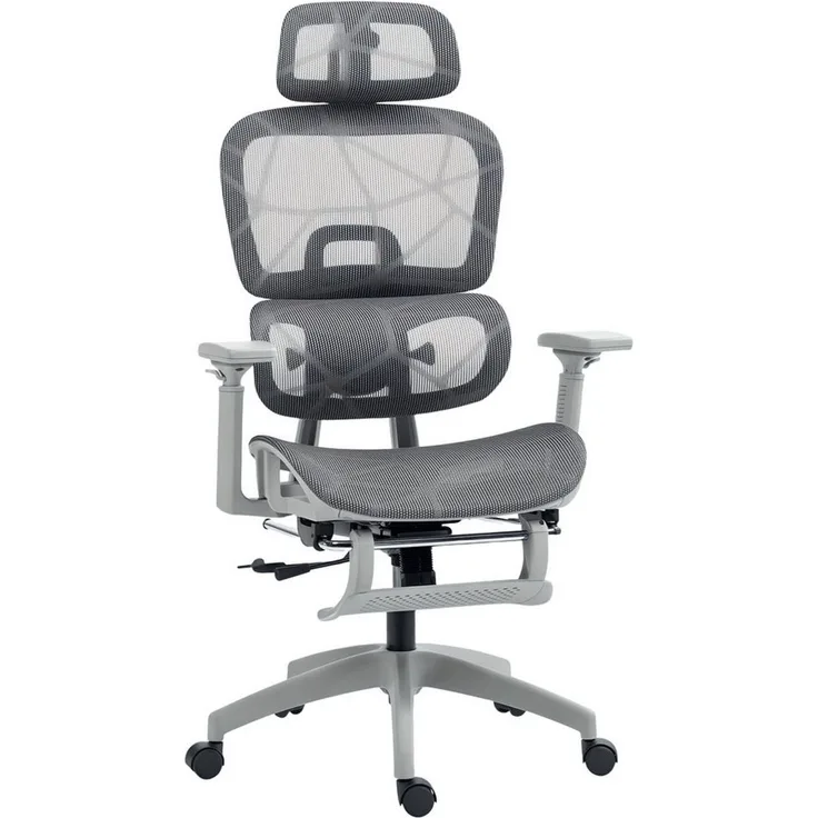 HOMCOM Bürostuhl Höhenverstellbarer Mesh Drehstuhl mit Armlehne, Kopfstütze (Ergonomischer Schreibtischstuhl, 1 St), mit Wippfunktion, Liegefunktion, Fußstütze, Lendenwirbelstütze, Grau