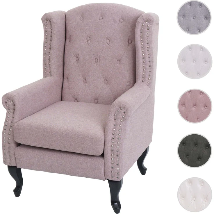 Sessel Chesterfield, Relaxsessel Clubsessel Ohrensessel, wasserabweisend Stoff/Textil ~ hellrosa ohne Ottomane – Bild 10