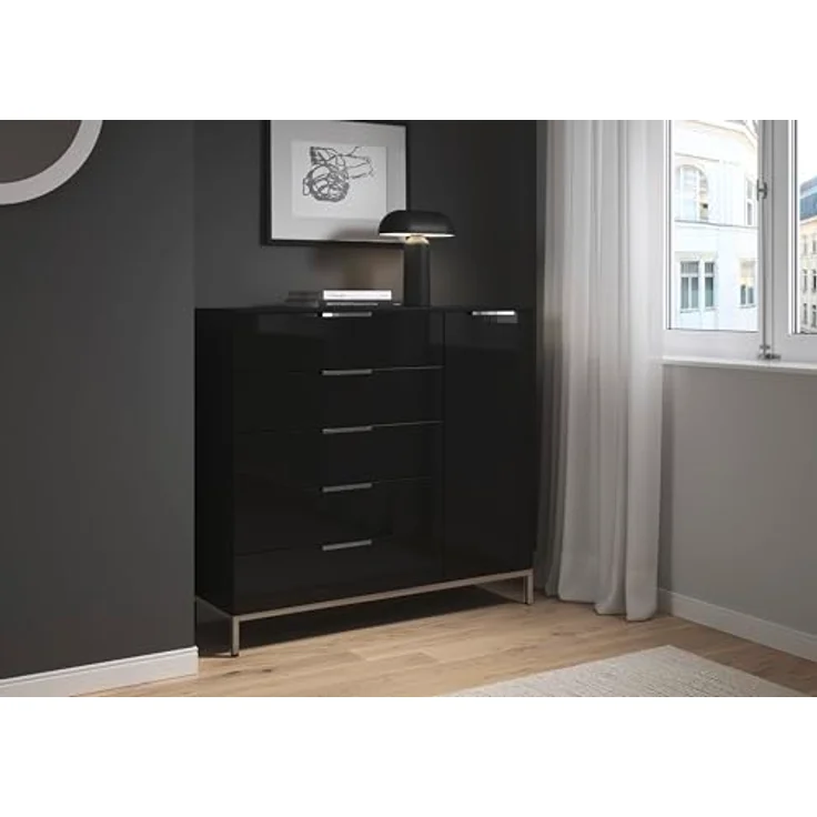 Rauch Möbel Flipp, Nachttisch für Schlafzimmer, Flur, Garderobe, 1-türig, 5 Schubladen, mit Softclose-Funktion, Farbe Front Glas Schwarz, Breite 120 cm – Bild 2