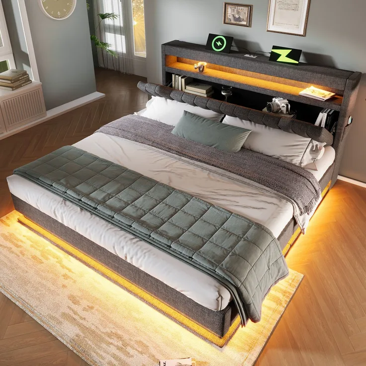Polsterbett, Leinen mit LED, Stauraum & USB-Anschluss, 140x200 cm, Grau, mit Matratze