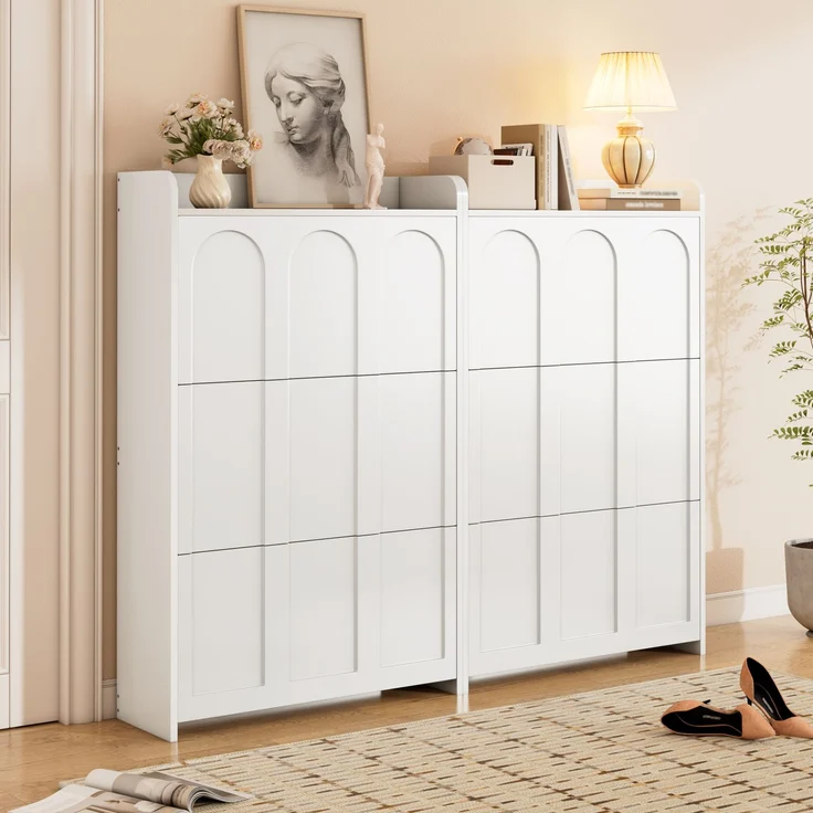 Schuhschrank 140 x 25 x 120 cm aus MDF, weiß, mit 6 Klapptüren und Schublade – Bild 3