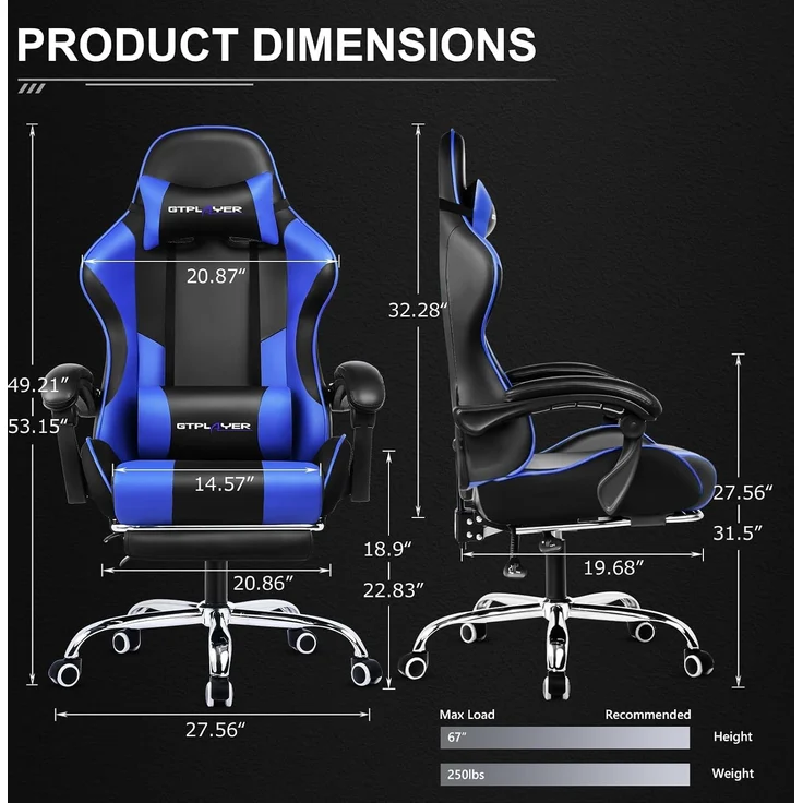 GTPLAYER Bürostuhl Gaming Stuhl Gaming Sessel Ergonomischer Gamer Stuhl mit Fußstütze, Kopfstütze Lendenkissen, Gepolstert Gaming Chair, Drehsessel Blau – Bild 2
