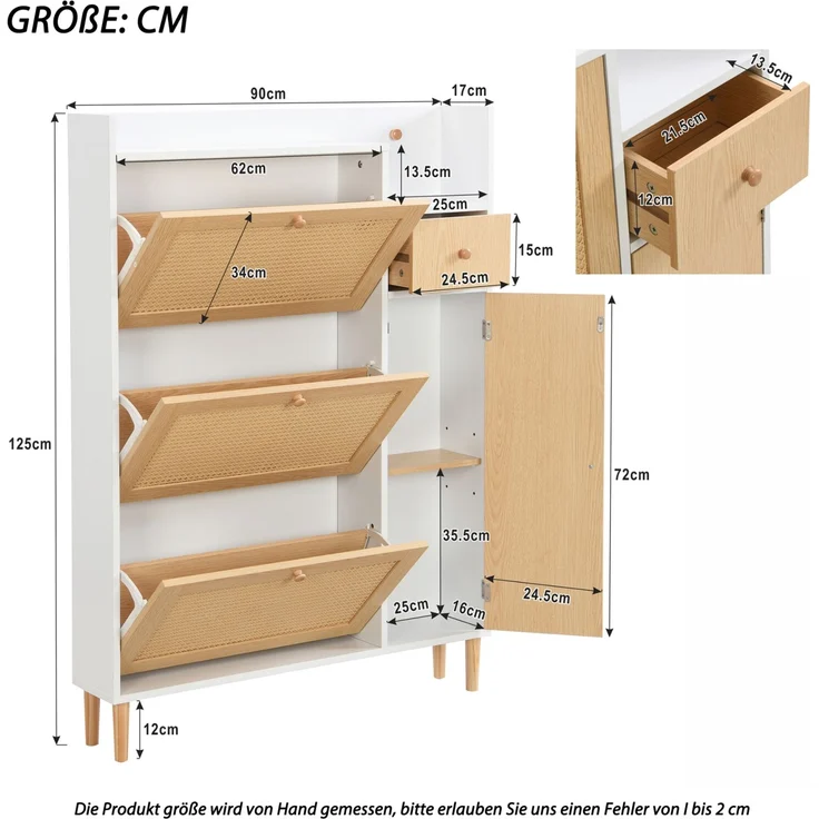 Merax Schmal Schuhschrank mit 3 Klappen, Rattan Schuhschrank Schuhkipper mit Schublade und Tür, Schuhkommode mit Verstellbarer Ablage, Weiß – Bild 4