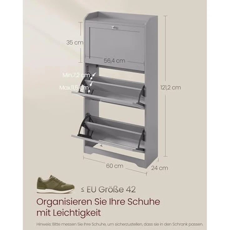 VASAGLE Schuhschrank 3 Klappen, Schuhkipper, Schuhregal, Schuhaufbewahrung, Oberplatte, Trennwand verstellbar, für bis zu 12-20 Paar Schuhe, Flur, 24 x 60 x 121,2 cm, Taubengrau LBC036GD01 – Bild 4