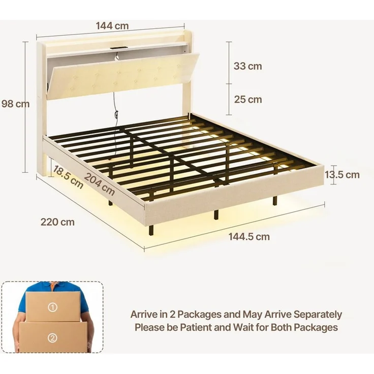 Bealife Polsterbett Einzel- & Doppelbett, Bettgestell mit beleuchtetem Kopfteil & Stauraum (2 Modelle (140x200, 160x200) – Bild 2
