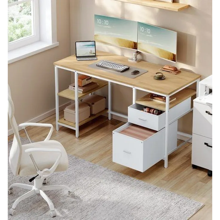 VASAGLE Computertisch, Bürotisch, Schreibtisch, mit 3 Ablagen, 2 Schubladen, 60 x 140 x 76 cm, fürs Büro, Wohnzimmer, moderner Stil, natureichenfarben-perlweiß