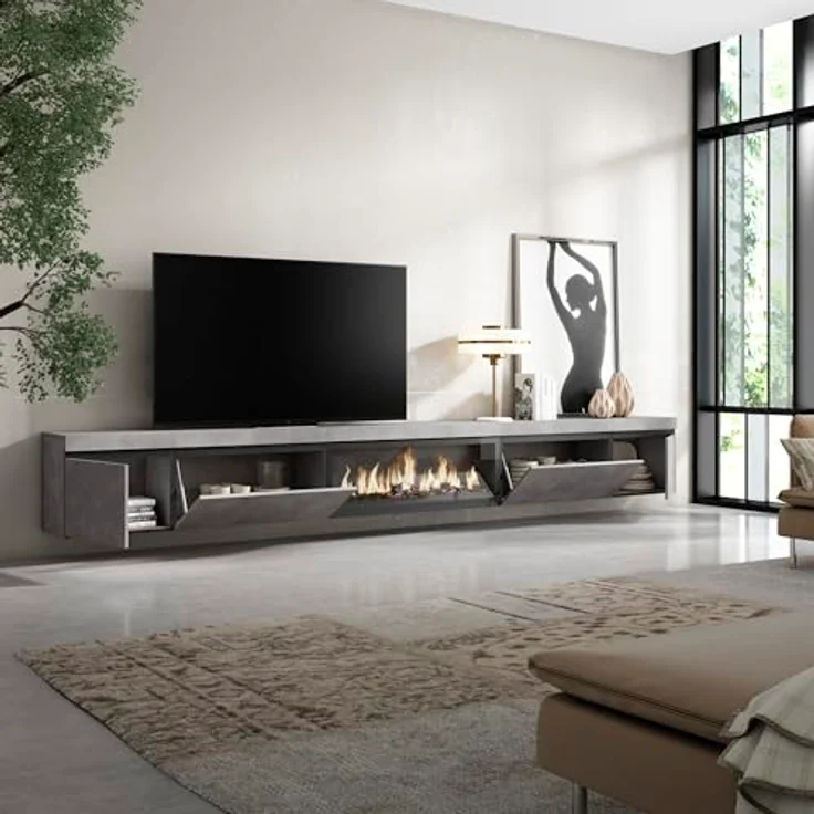 Skraut Home | TV-Schrank, Lowboard | für Wohnzimmer und Esszimmer | 368x45x35 | Elektrokamin XXL| Hängend | Moderner Stil | Zement – Bild 4