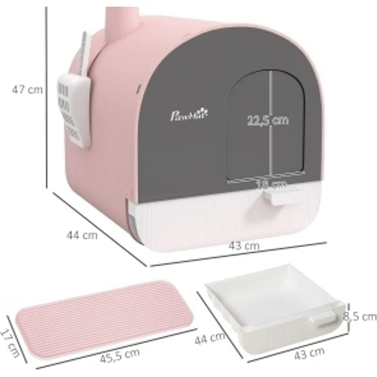 Katzentoilette 43 x 44 x 47 cm mit Deckel, Streufach und Schmutzfangmatte, Rosa – Bild 4
