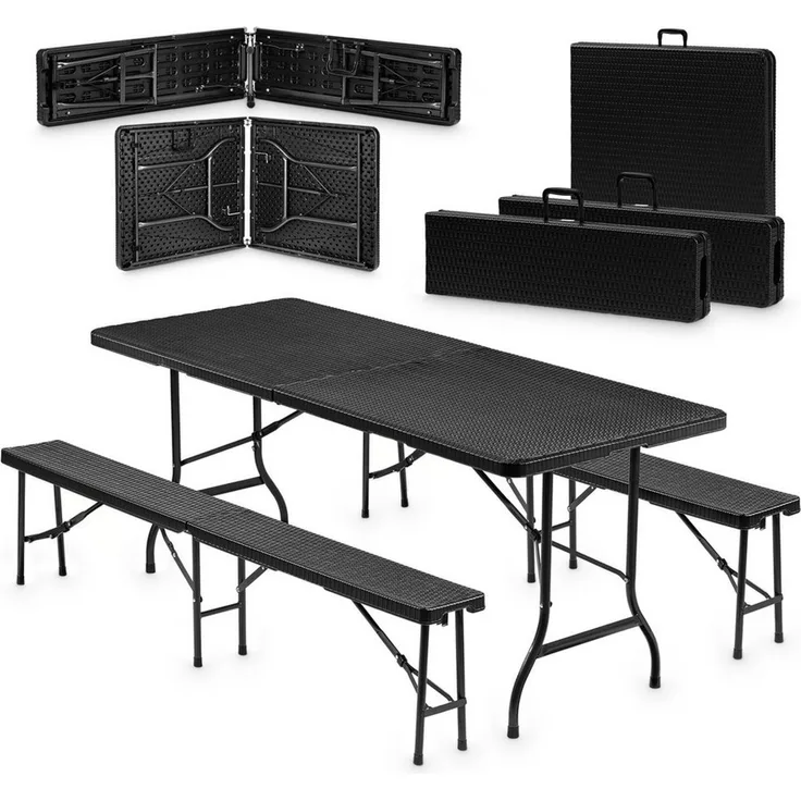 VESKA Bierzeltgarnitur 3-teilig Set Tisch + 2x Bank, wetterfest für drinnen und draußen, (klappbar mit Tragegriffen, Kunststoff, Gartengarnitur, Klapptisch), Gartentisch Länge 180 cm Rattan-Optik Schwarz