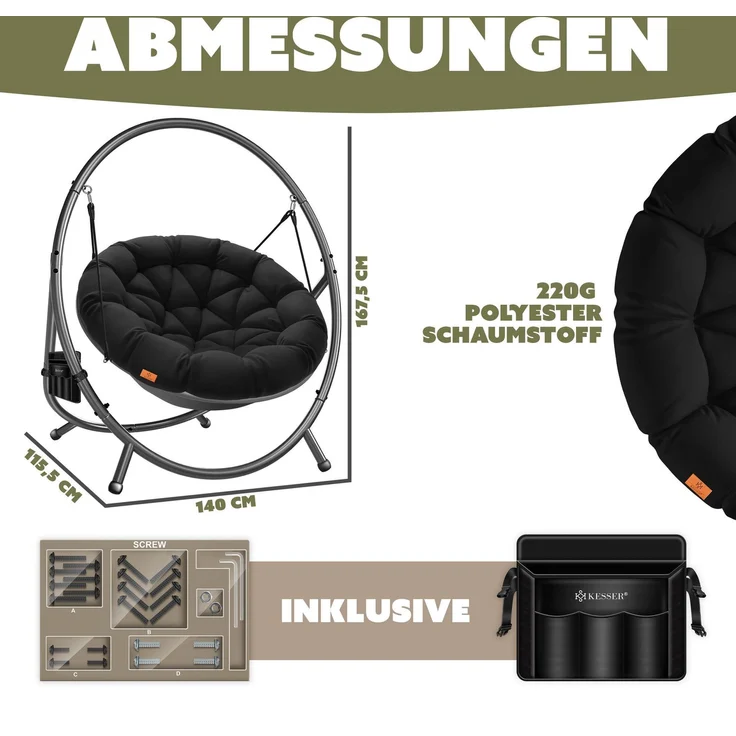 KESSER® 'BALI' Hängesessel, mit Gestell, bis 150kg, für Indoor und Outdoor + Kissen & Seitentasche, Stahlgestell/Schaumstoff Schwarz, 167,5 x 140 x 115,5 cm – Bild 8