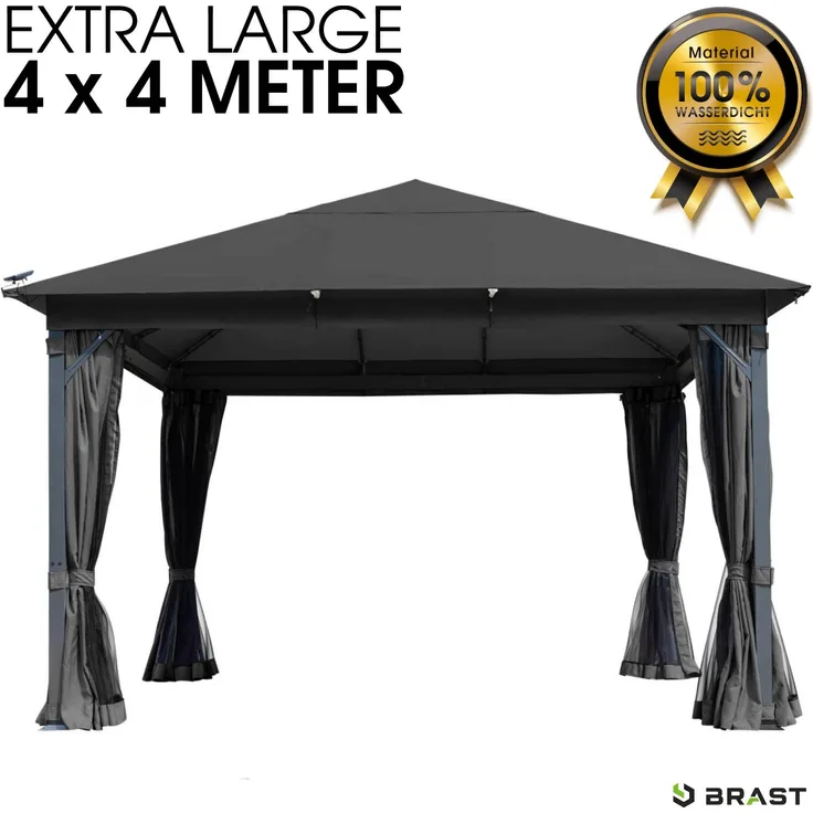 BRAST 'Infinity' Pavillon inkl. Moskitonetz, wasserdicht, stabil, UV-Schutz, Aluminium, Grau, 4x4 m