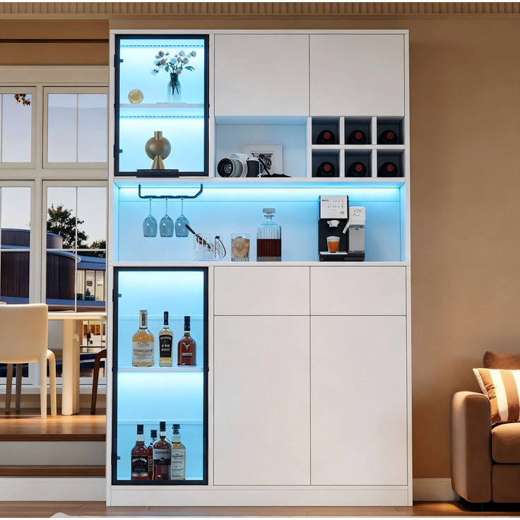 Hochschrank 120 x 33 x 200 cm in Weiß mit LED-Beleuchtung, Glastüren und Schubladen