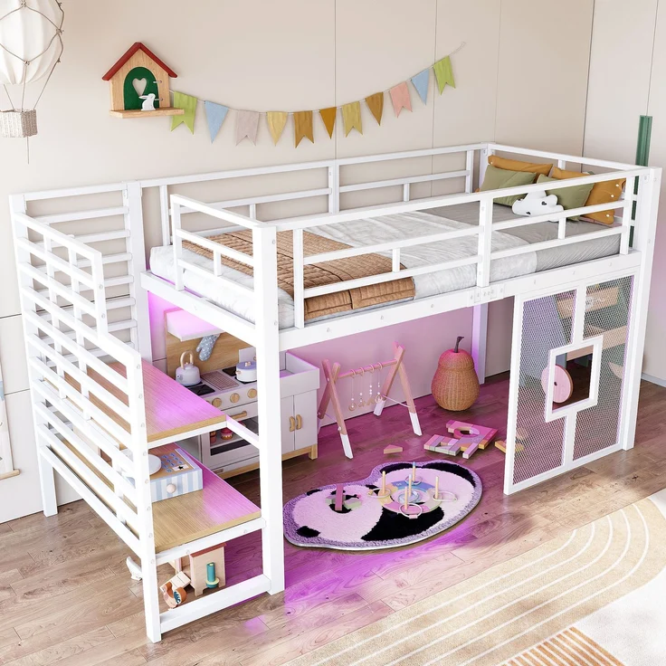 U-life Metall-Hochbett 90x200 cm mit Stauraumtreppe, LED-Beleuchtung und Fenster, Weiß – Bild 4