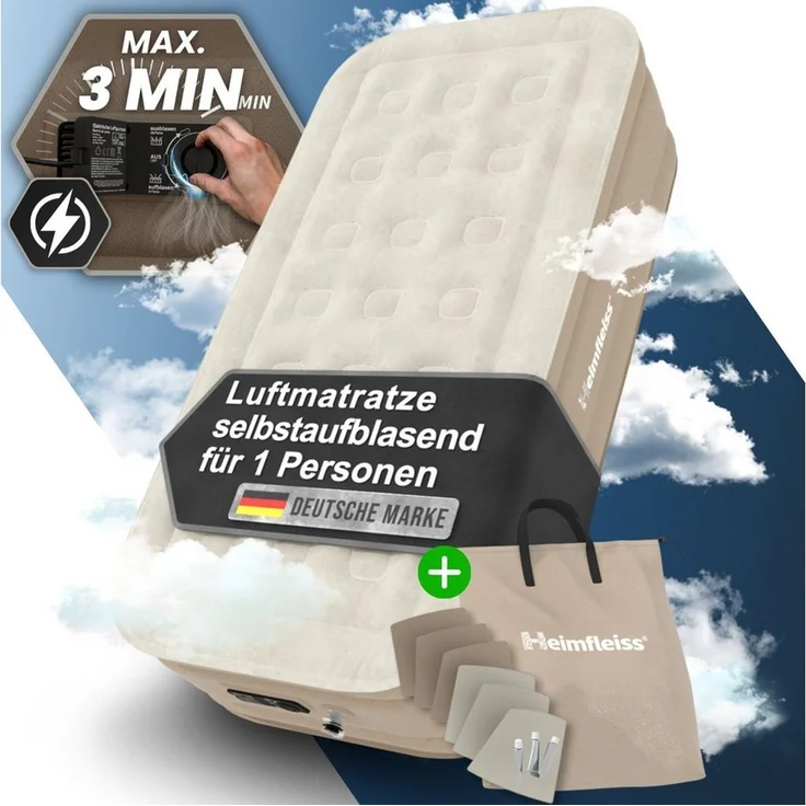 Heimfleiss® Luftmatratze selbstaufblasend 1 Person | Premium Luftbett 100x200 cm | Schnell Aufblasbare Matratze ideal nutzbar als Gästebett & Camping Bett | Selbstaufblasbare Gästematratze mit Pumpe – Bild 1