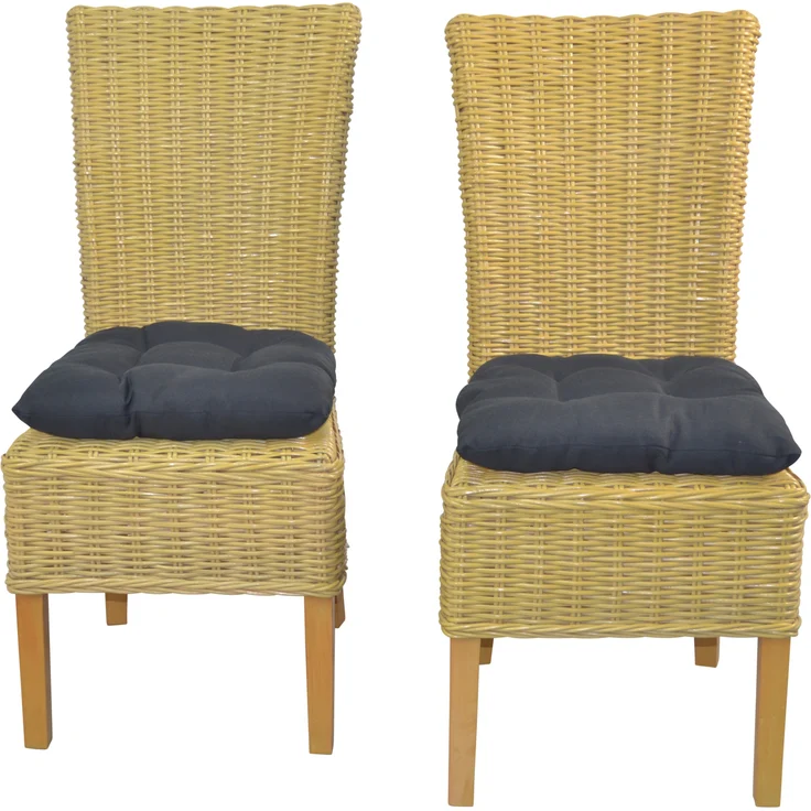 Rattanstühle/Esszimmerstühle 2er-Set, handgeflochten, beige, inkl. Kissen schwarz – Bild 3