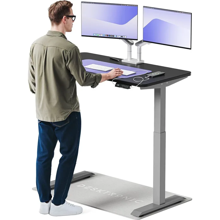 Desktronic HomeOne Elektrisch höhenverstellbarer Schreibtisch 120x60cm Grau/Schwarz mit Memory-Funktion, Anti-Kollisions Technologie, USB-A und USB-C-Ladeanschlüssen