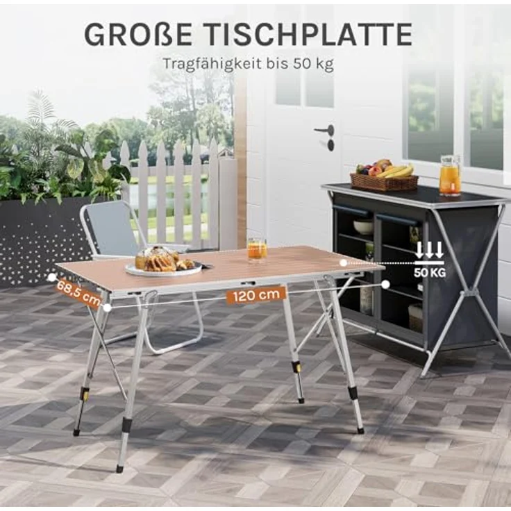 WOLTU Alu Campingtisch klappbar, Falttisch Höhenverstellbar mit Tragetasche & aufrollbarer Tischplatte, Klapptisch Reisetisch 4-6 Personen, für Camping Garten Balkon, 120 * 68. 5cm, Silber – Bild 7
