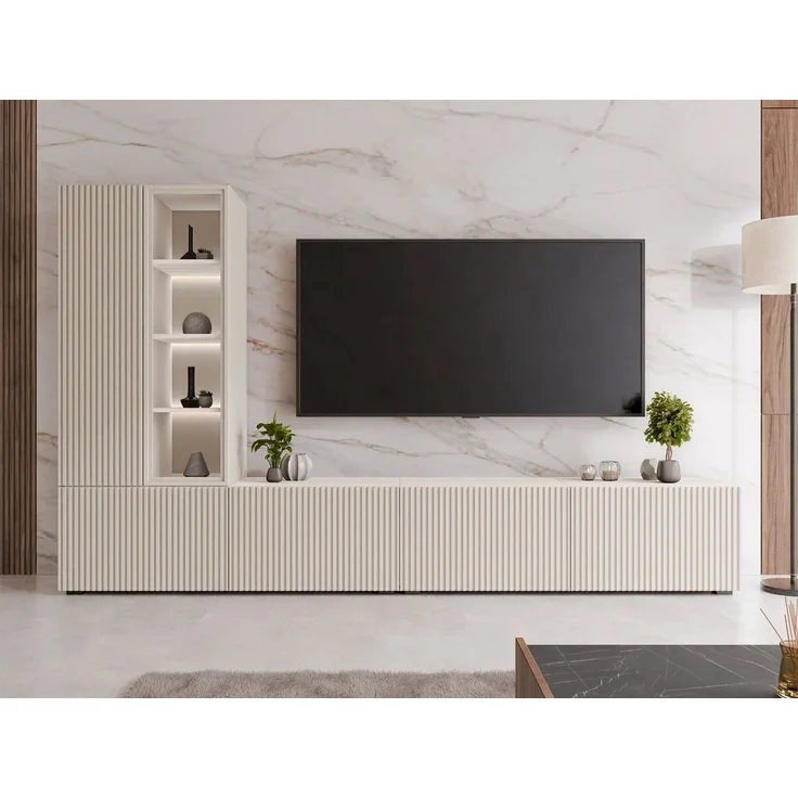 MIRJAN24 Wohnwand Tiwori, mit zwei Drehtüren, vier Klappen & weißer LED-Beleuchtung, 260 x 41 x 155-157 cm – Bild 4
