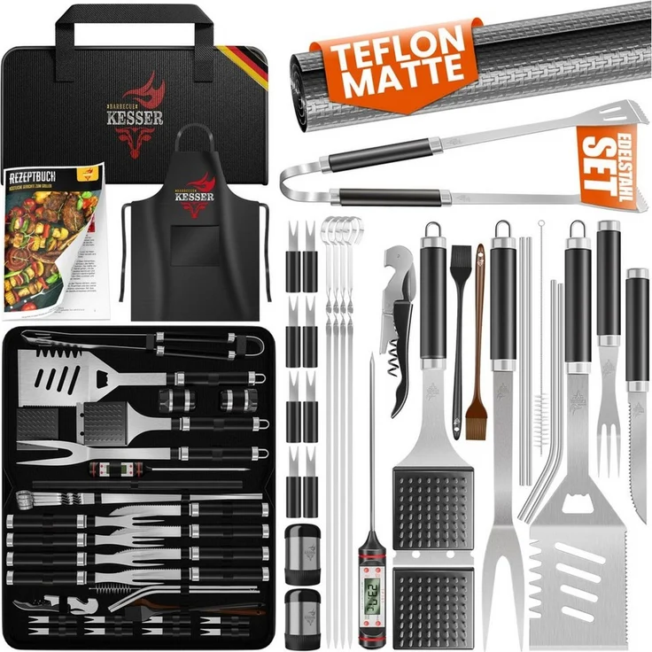 KESSER® Grillbesteck Set 37-teilig Grillzubehör aus rostfreiem Edelstahl Grillset mit Grillzange, Grillwender, 4in1 Grillspatel, Grillgabel, Grill-Spieß, Thermometer, Korkenzieher, Grillmatte & Tasche Schwarz – Bild 5
