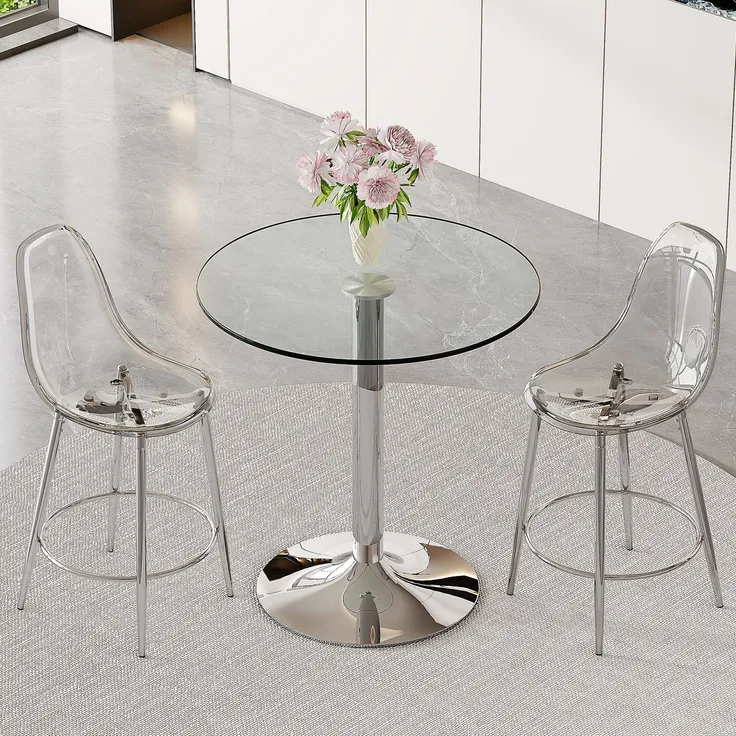 Flexibles Bar-Set: 89 cm Glastisch + 2 transparente Barhocker – speziell für europäische offene Küchen konzipiert. Silbern-metallenes Gestell mit bequemer Fußstütze, Flexibles Bar-Set: 89 cm Glastisch + 2 transparente Barhocker – speziell für europäisc...