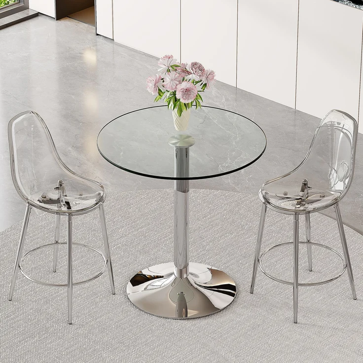 Flexibles Bar-Set: 89 cm Glastisch + 2 transparente Barhocker – speziell für europäische offene Küchen konzipiert. Silbern-metallenes Gestell mit bequemer Fußstütze, Flexibles Bar-Set: 89 cm Glastisch + 2 transparente Barhocker – speziell für europäisc... – Bild 1