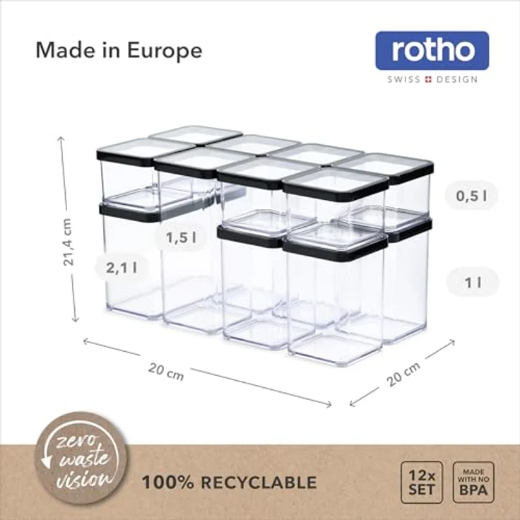 Rotho LOFT 12er-set Vorratsdosen mit Deckel, stapelbar, aromadicht, spülmaschinenfest, 40×20×21,4 cm, – Bild 3