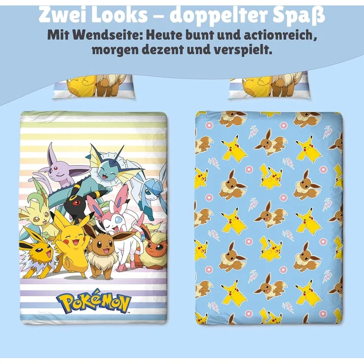 Pokemon Bettwäsche für Kinder 135x200 80x80 cm buntes Motiv mit Pikachu & Friends aus 100% Baumwolle – Bild 5