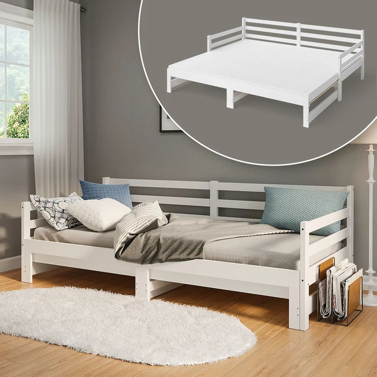 Bellamio 'Ayr' Tagesbett inkl. Lattenrost, 90x200/180x200 cm, Massivholz Kiefer, weiß, mit ausziehbarem Gästebett – Bild 1