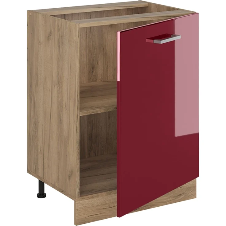 Küchenunterschrank R-Line Rot Hochglanz/Goldkraft Eiche 60 cm mit 1 Tür Arbeitsplatte Goldkraft Eiche Vicco – Bild 3