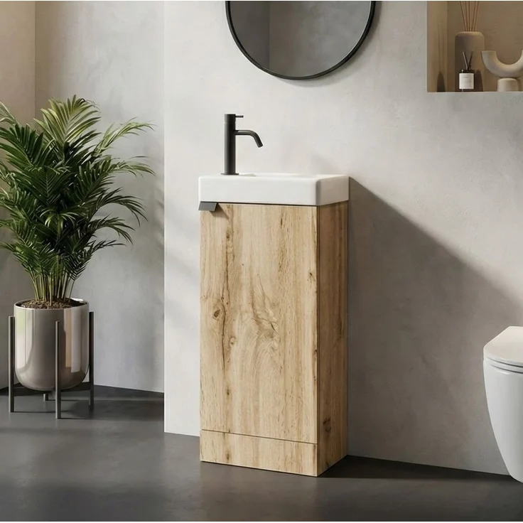 Badplaats Gäste-WC Waschtisch Set Orion 40 x 22 cm Eiche - Badmöbel Set mit Waschbecken und Stehende Unterschrank, mit Soft-Close – Bild 2