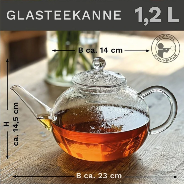 Creano Teekanne Teekanne aus Glas 1,2l - 2 Teeblumen - mit Edelstahl-Sieb und Deckel – Bild 2