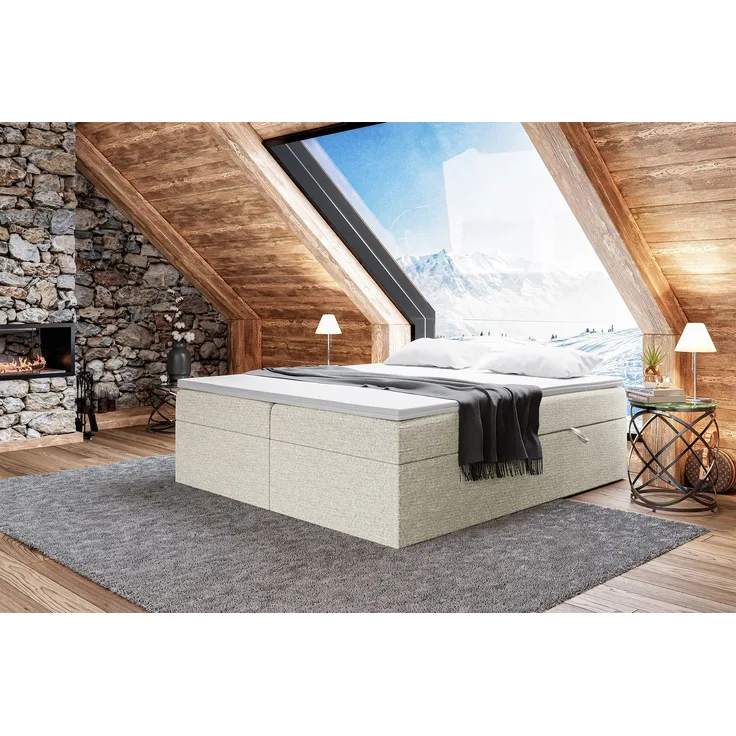 MEBLINI Boxspringbett LIONEL 200x200cm - H3/Beige Webstoff - mit Bettkasten - Gepolstert Doppelbett mit Matratze und Topper - Polsterbett mit Stauraum - Bett ohne Kopfteil - Stauraumbett