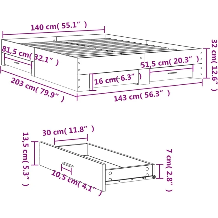 vidaXL Bettgestell mit Schubladen Schwarz 140x200 cm Holzwerkstoff 3280385 – Bild 2