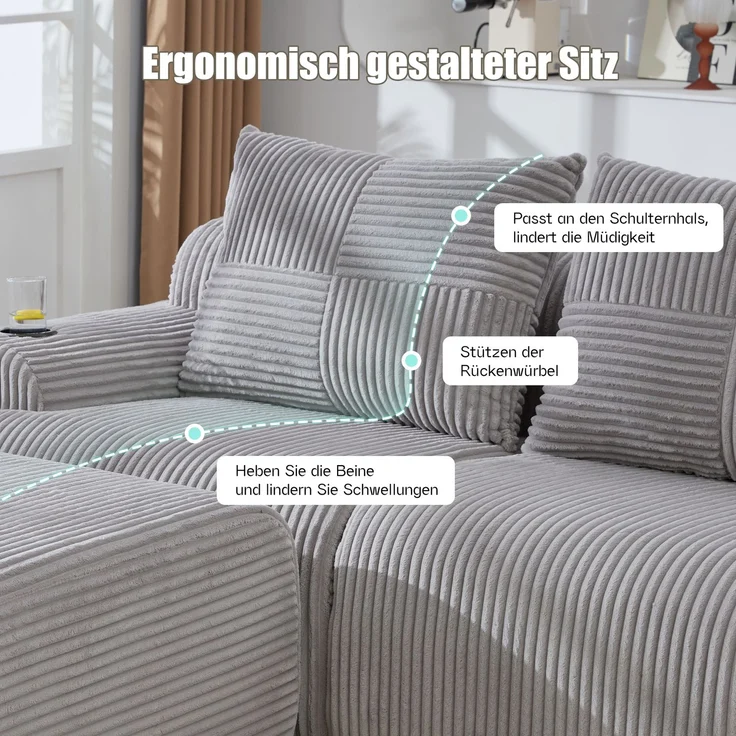 EINHOM Modulares Cordsofa für 3 Personen (mit Hockern), frei kombinierbar, inklusive Getränkehalter und seitlicher Aufbewahrungstasche, ideal für Wohnzimmer, Familienzimmer und weitere Räume. Hellgrau – Bild 5