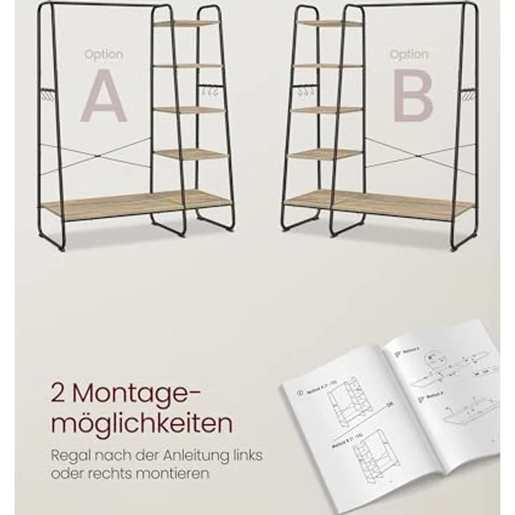 VASAGLE Kleiderständer, Garderobenständer, 45 x 120 x 160 cm Garderobe, Kleiderstange, Schuhablage, offener Kleiderschrank, 6 Haken abnehmbar, Schlafzimmer Flur, türkisbraun-Mattschwarz RGR116K01 – Bild 6