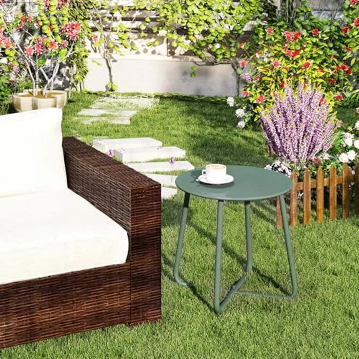 HollyHOME Beistelltisch Outdoor Balkontisch Klein Gartentisch Rund Beistelltisch Metall Wetterfest Loungetisch Outdoor Couchtisch für Patio Terrasse Wohnzimmer, Grün – Bild 4