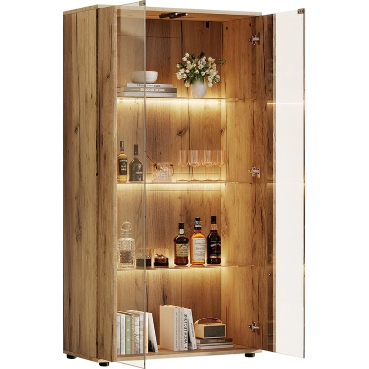 Vitrinenschrank 80x36x150,5 cm in Natur mit 2 Glastüren, 4 Ablageflächen und LED-Beleuchtung – Bild 7
