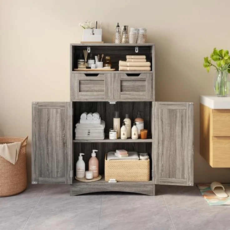 Bealife Badezimmerschrank mit 2 Schubladen, verstellbares Regal, multifunktional, für Badezimmer, Schlafzimmer, Flur (60 x 30 x 108 cm) (grau) – Bild 3
