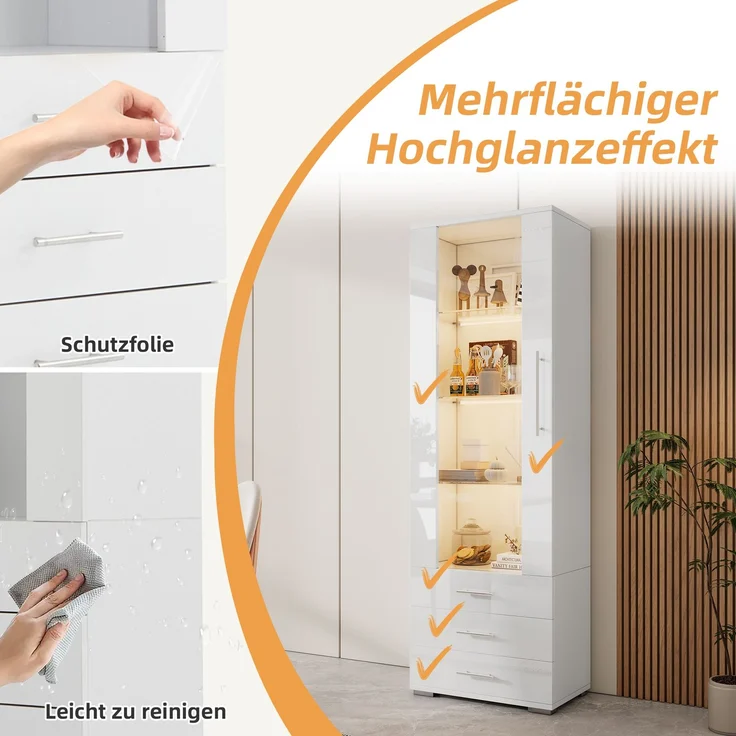 Weiße Hochglanzvitrine, Vitrine Glasvitrine , Standvitrine mit LED-Beleuchtung, Vertikale Vitrine mit 3 Schubladen, 60*35*180cm--Weiß--60x35x180cm--YOUDENOVA – Bild 9